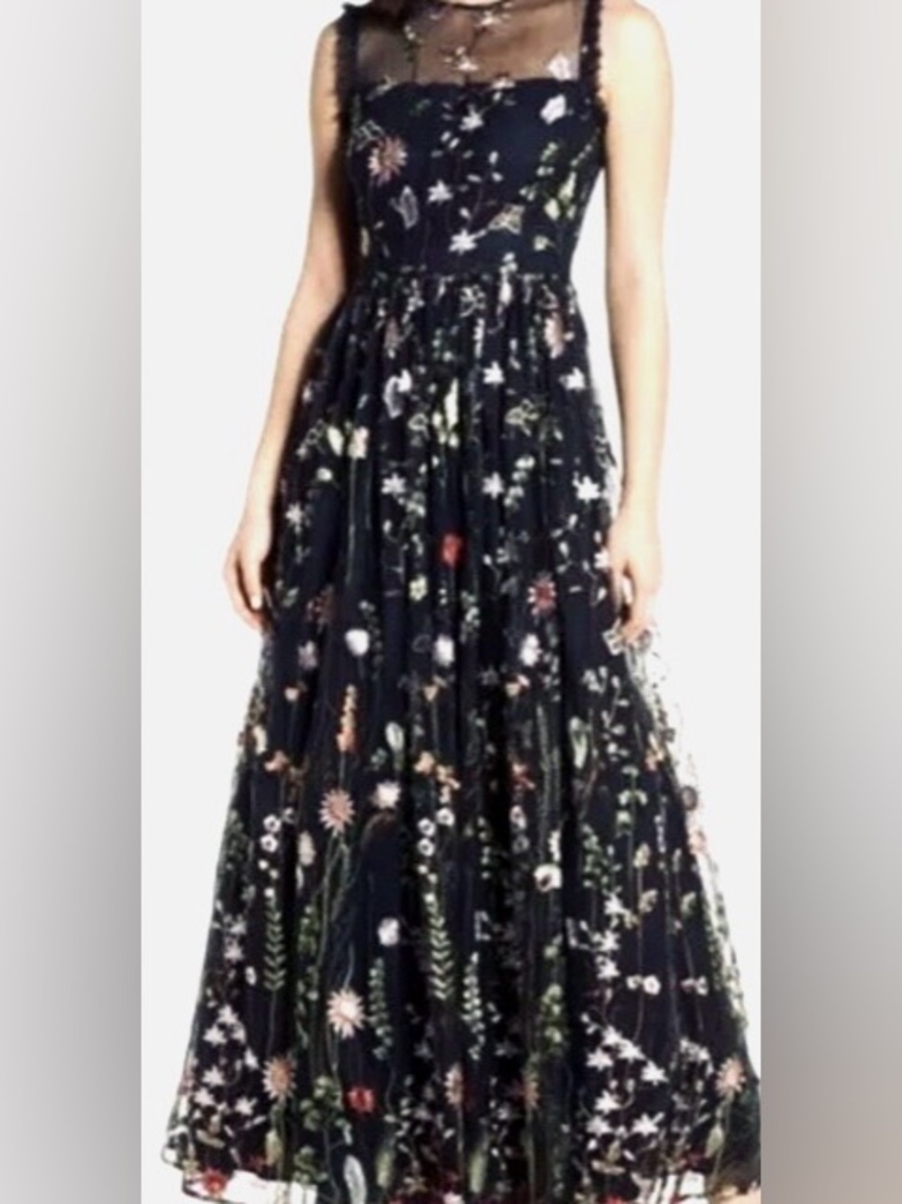 Morgan & Co. Black Maxi Dress with Multicolor Floral Embroidery